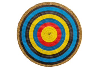 Archery target with concentric colored rings isolated on transparent background, straw target for sports and recreation, PNG