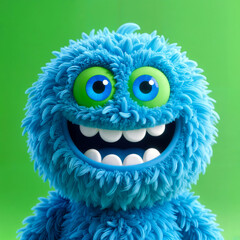 Smiling Blue Monster with Vibrant Green Eyes