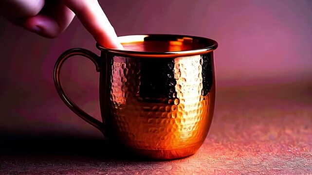 Close up of a copper mug with a hand reaching toward it indoors