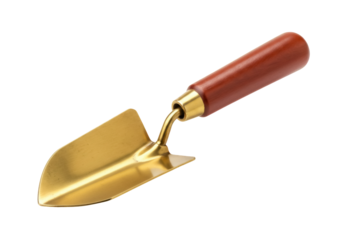 Golden garden trowel isolated PNG on transparent background, small hand tool for digging and planting in gardening and landscaping