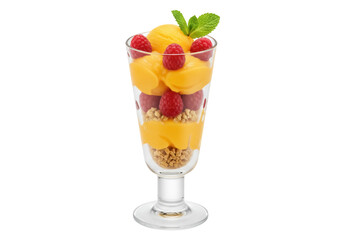 Delicious mango parfait with raspberries and mint in glass isolated PNG, refreshing summer dessert on transparent background