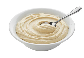 Creamy hummus in a bowl with spoon isolated PNG, Middle Eastern dip made from chickpeas and tahini for healthy eating
