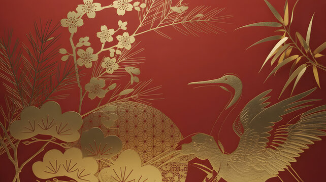 Elegant Gold Crane Illustration on Red Background with Pine Branches and Cherry Blossoms