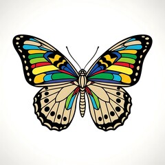 Obraz premium A vibrant butterfly illustration featuring a symmetrical design with colorful wings and detailed patterns against a white backdrop