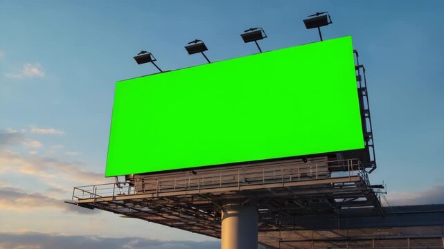 Large outdoor advertising billboard with a bright green screen stands tall against a blue sky during sunrise or sunset