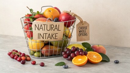 Wire basket filled with assorted fresh fruits and a 'NATURAL INTAKE' sign on a gray surface with scattered fruits and leaves against a beige background.