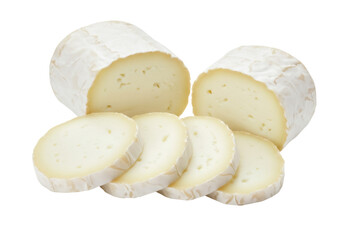 Sliced goat cheese isolated on transparent background PNG, fresh chevre with edible rind for gourmet food and culinary design