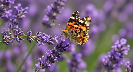 A vibrant butterfly rests on lavender blossoms, showcasing intricate wing patterns. Soft focus blurs the background