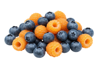Pile of blueberries and golden raspberries isolated PNG, fresh mixed berries on transparent background for healthy eating and summer fruit concepts
