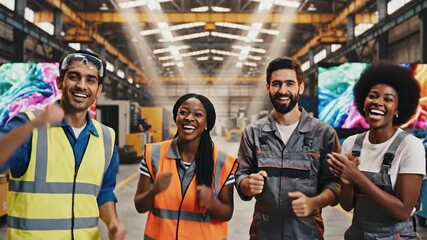 Joyful and diverse team of factory workers celebrating success and collaboration in a modern industrial setting, embodying unity and achievement