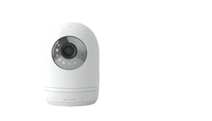 White, rounded smart camera device on a black backdrop