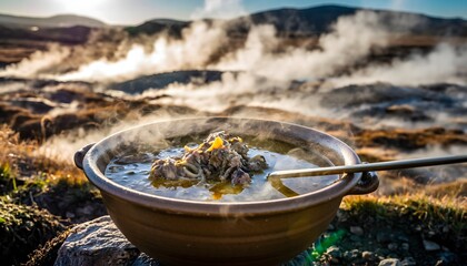 A steaming bowl of soup with meat and vegetables, served on a rocky outdoor setting with a scenic mountain background. Perfect for food blogs, culinary magazines, and recipe websites.