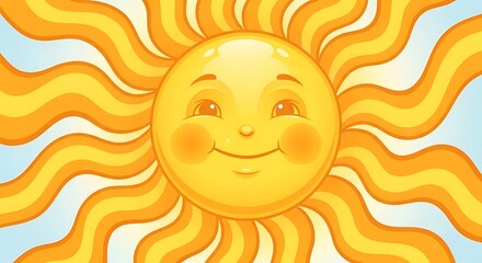 A vibrant, cartoonish illustration depicts a smiling sun with radiating, wavy golden rays against a pastel blue sky. Its cheerful face has rosy cheeks