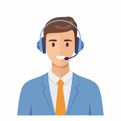 Smiling Male Customer Service Representative with Headset and Blue Suit.