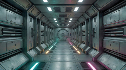 futuristic industrial sci fi corridor with symmetrical lighting and metallic walls