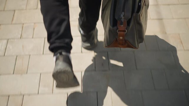 footsteps synchronized near city shopfronts, closeup of two people walking past storefronts together, two friends or coworkers moving in harmony along bustling city sidewalks with bags