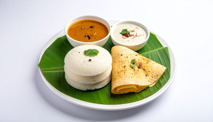 Ghee roast Dosa and Idli on White Background