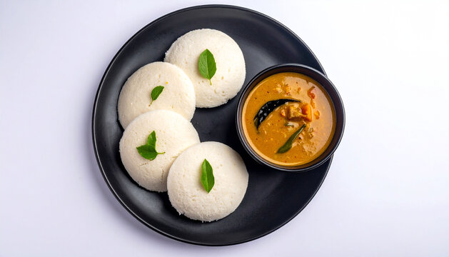 Idly or Idli with Sambar Isolated on White Background