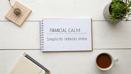 Overhead view of a notebook with 'FINANCIAL CALM Simplicity reduces stress' on a white wooden desk with a cup of coffee, plant, and stationery.