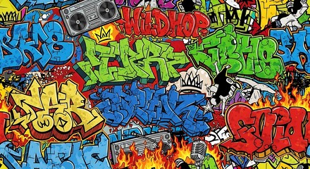 Fototapeta premium A vibrant, chaotic mural showcasing colorful graffiti art. Overlapping text, bold lines, and various styles make for an urban art display