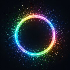A vibrant, circular frame glows with rainbow colors and surrounded by sparkling particles on a black background