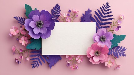Voxel Floral Arrangement on Pink Background with Purple and Pink Flowers and Emerald Green Leaves Centered Around White Rectangular Plaque in Studio Shot