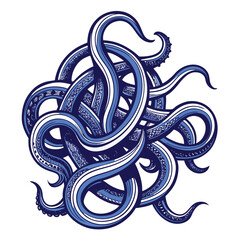 Tangled blue octopus tentacles with white and grey patterns on white background Keywords: octopus, tentacles, blue, white, grey, pattern, detailed