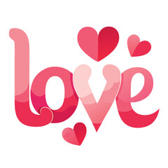 The word LOVE in pink and red gradient letters with hearts on white background Keywords: love, word, text, lettering, hearts, pink, red