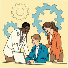 Three business people gathered around a laptop with gears in background teamwork collaboration