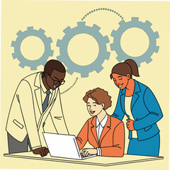 Three colleagues looking at a laptop with gears and circles above business teamwork