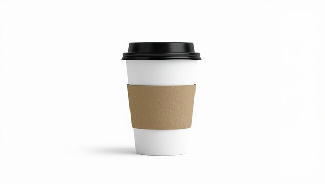 Isolated coffee cup on a white background, showcasing a minimalist design with a black lid and a brown cardboard sleeve for insulation.