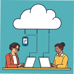 Two women working on laptops with a smartphone connected to a cloud computing technology