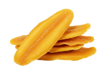 Pile of dried mango slices isolated PNG, sweet fruit snack on transparent background, chewy tropical treat for healthy eating and confectionery use