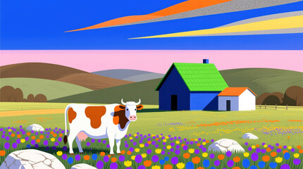 Pastoral Dreamscape: A Whimsical Cow Grazing in a Vibrant Wildflower Meadow Under a Stylized Sunset Sky with Blue Farmhouses