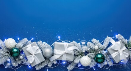 Christmas Gifts Ornaments And Snowy Branches With Blue Lights On A Royal Blue Background