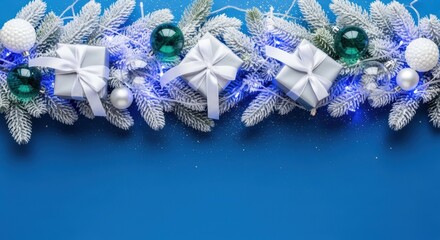 Snowy Fir Branches With Silver Gifts And Blue Lights On A Festive Blue Background