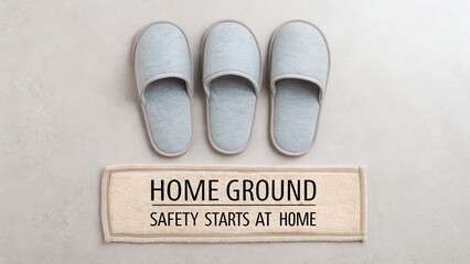 Overhead view of three light blue slippers above a wooden sign reading 'HOME GROUND SAFETY STARTS AT HOME' on a plain gray background.