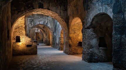 Abstract Interior View of Stone Arches in Illuminated Tunnel Featuring Geometric Pixelated Texture and Glowing Lights Creating Perspective