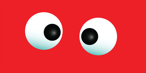A pair of cartoonish white eyeballs with black pupils looking right on a vibrant red background.