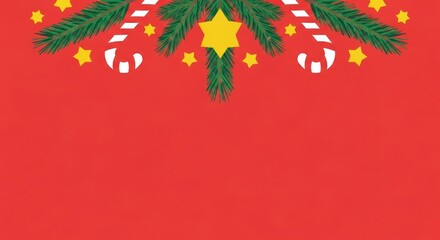 Christmas Garland Decorated With Yellow Stars And Candy Canes On A Red Background