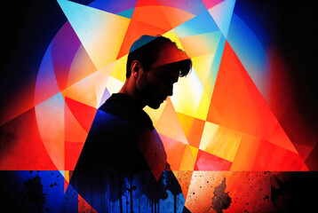 Urban Contemplation: A Solitary Silhouette Against a Dynamic Geometric Graffiti Wall