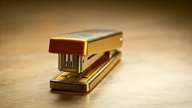 Close up of a golden stapler on a reflective surface commercial use