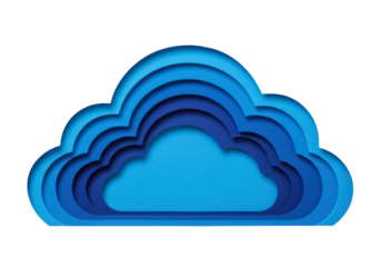 Layered blue cloud PNG isolated on transparent background, modern paper cut style weather icon for graphic design and creative projects
