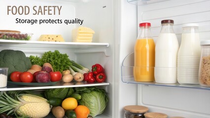 Open refrigerator interior showing fresh produce on shelves and dairy products on the door shelf with a focus on food safety storage.