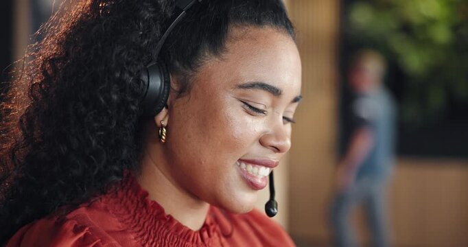 Call center, advice or woman in office with headset, lead generation or outbound contact in crm management. Telecom, space or consultant in agency with tech, customer service or feedback in help