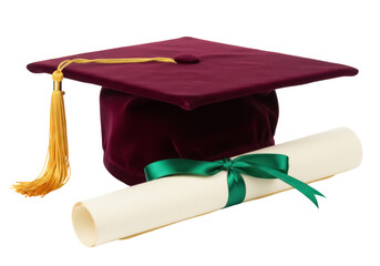 Burgundy graduation cap and diploma isolated PNG, academic achievement for education and commencement ceremonies on transparent background