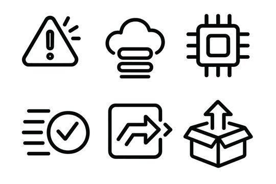 System Process Icons. System Flow linear set: trigger event, data intake, processing core, validation unit, transformation unit, result release.