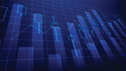 stock market chart. candlesticks with bar graph on blue background. finance and business investment growth