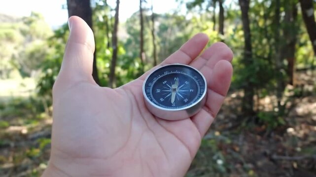 Close up of a hand holding a compass in a natural outdoor setting
