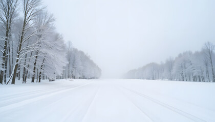 Fototapeta premium Serene winter landscape with snowy trees and fog, tranquil atmosphere